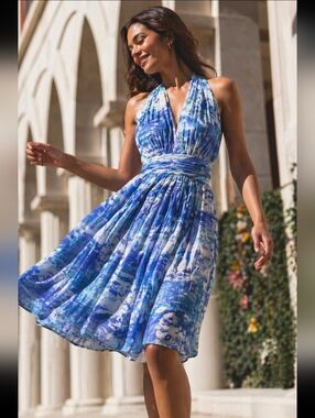 Evan Picone Halter Dress Midi Flowy Retro Blue Watercolour Chiffon Ruched Size 8